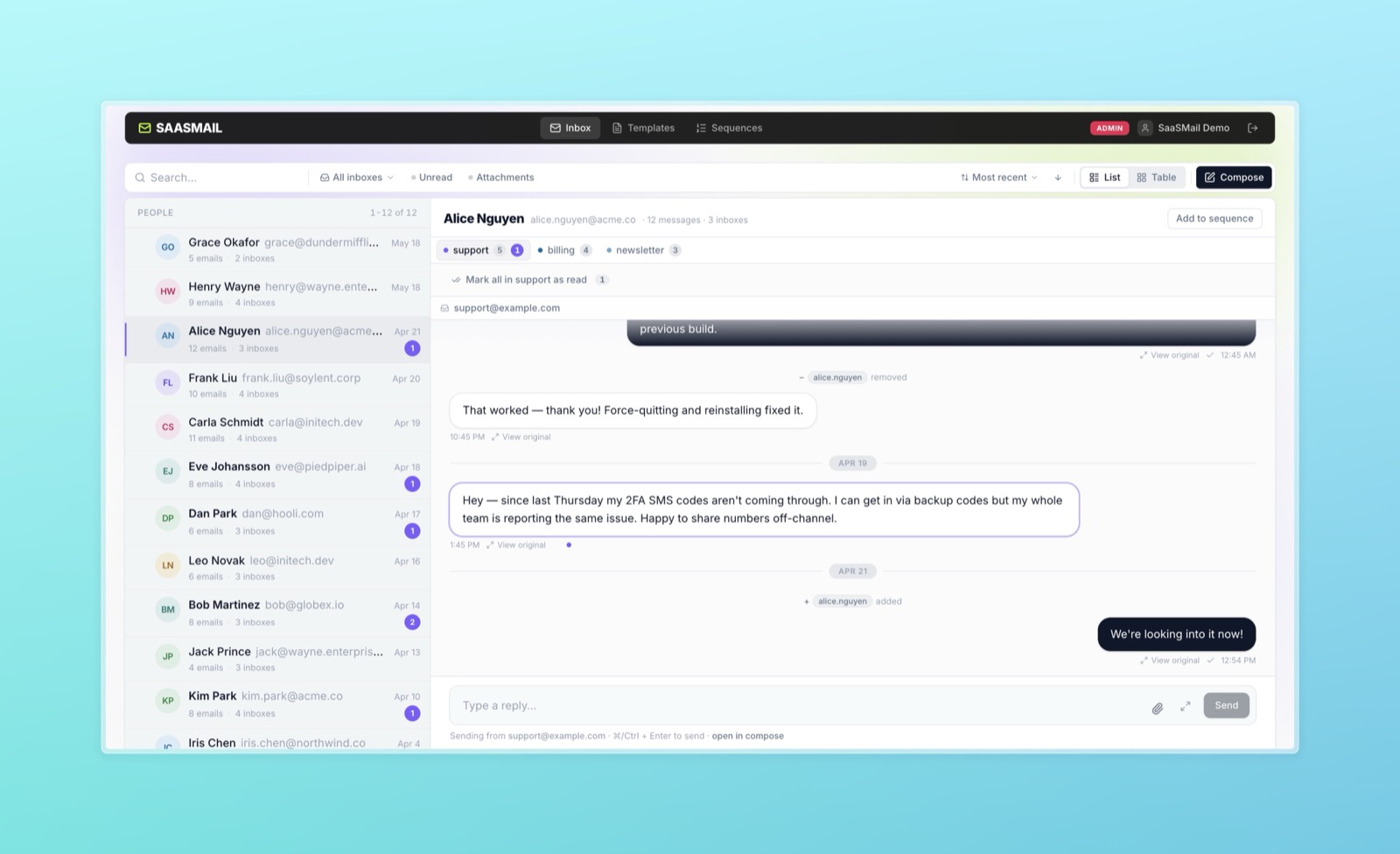 The SaaSmail shared inbox: one timeline per customer, with messages, notes and attachments in a single thread.