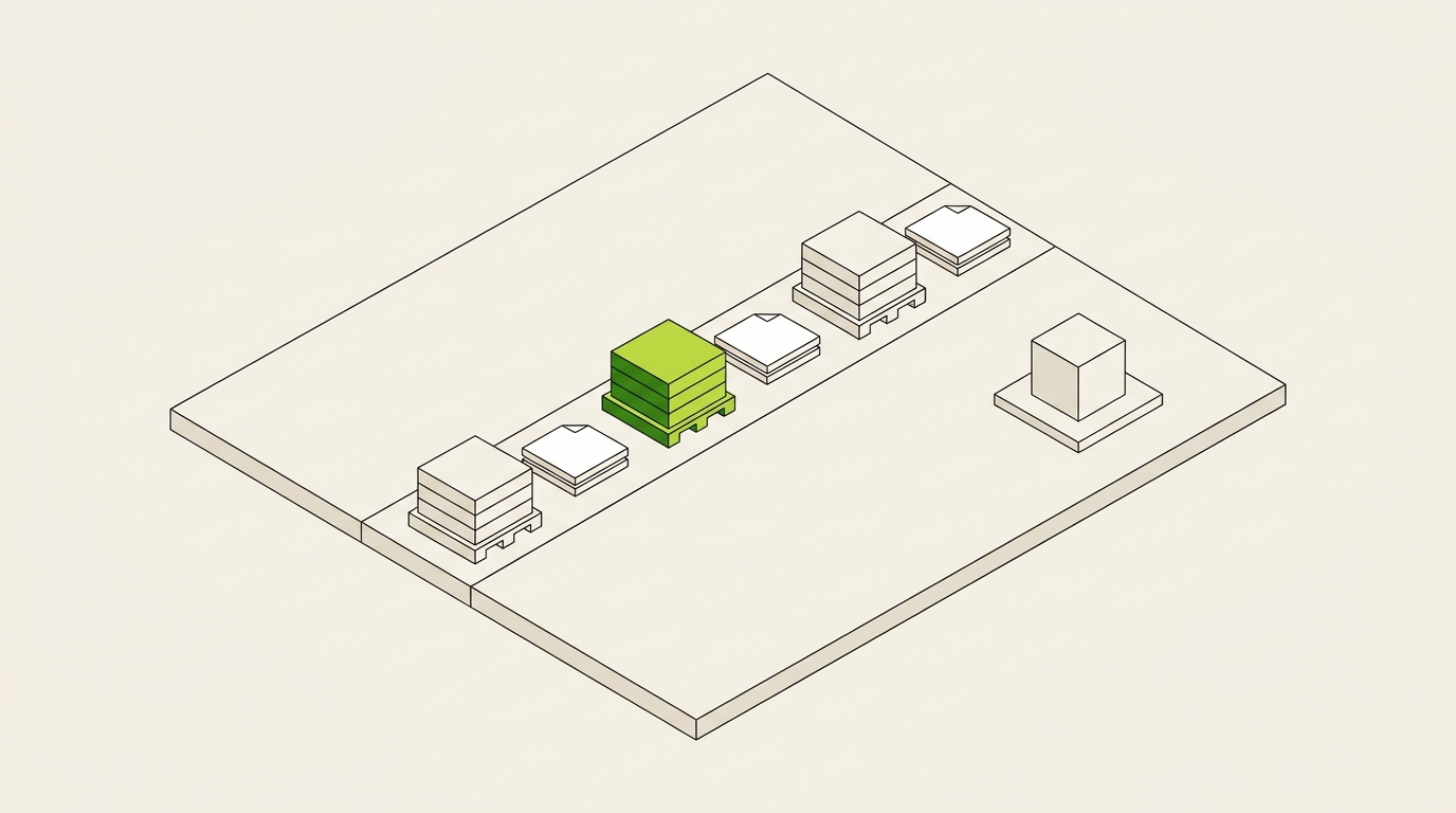 Isometric warehouse floor plan showing rows of stacked pallets along two aisles, with one shipment highlighted in lime.
